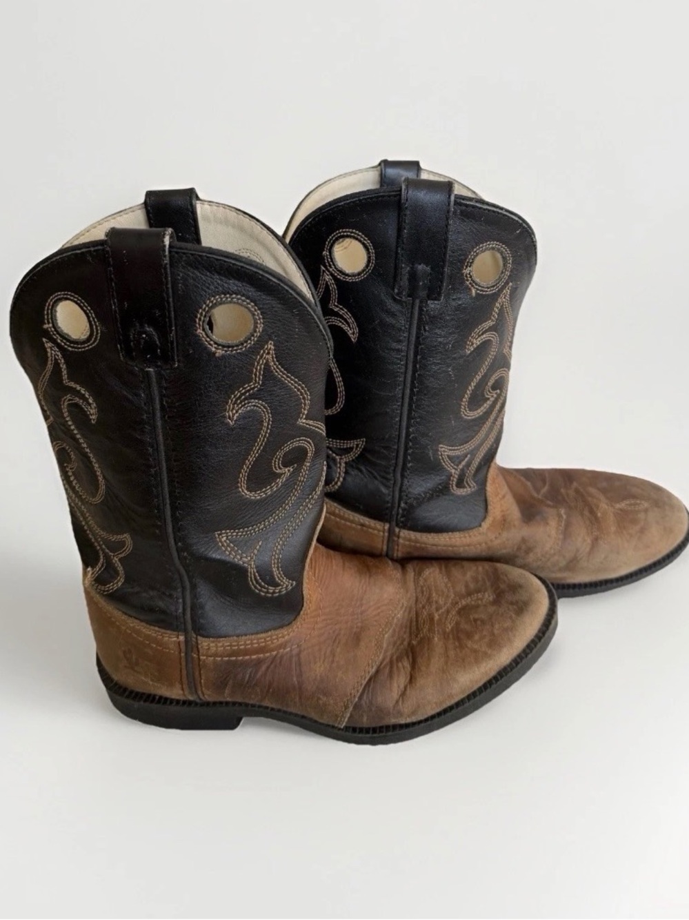 Laredo Kids Cowboy Boots Size 2D Brown & Black Two Tone Leather Western Rodeo